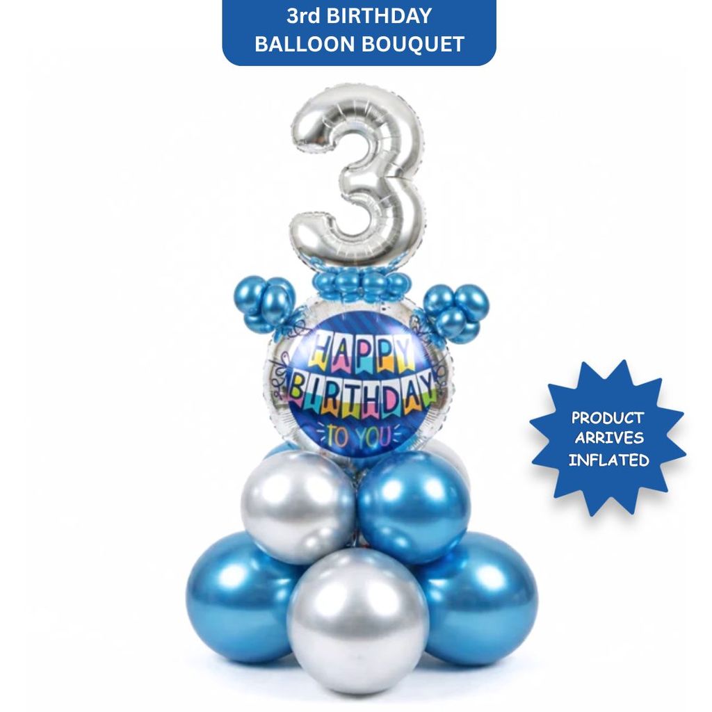 Designer Blue & Silver Balloon Bouquet Arrangement for 3rd Birthday - Party and Festive Needs | Buy online on ZillyBuy