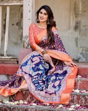 Navy Blue and Peach Tussar Silk Saree with Peacock Motifs and Floral Zari Border-Regular