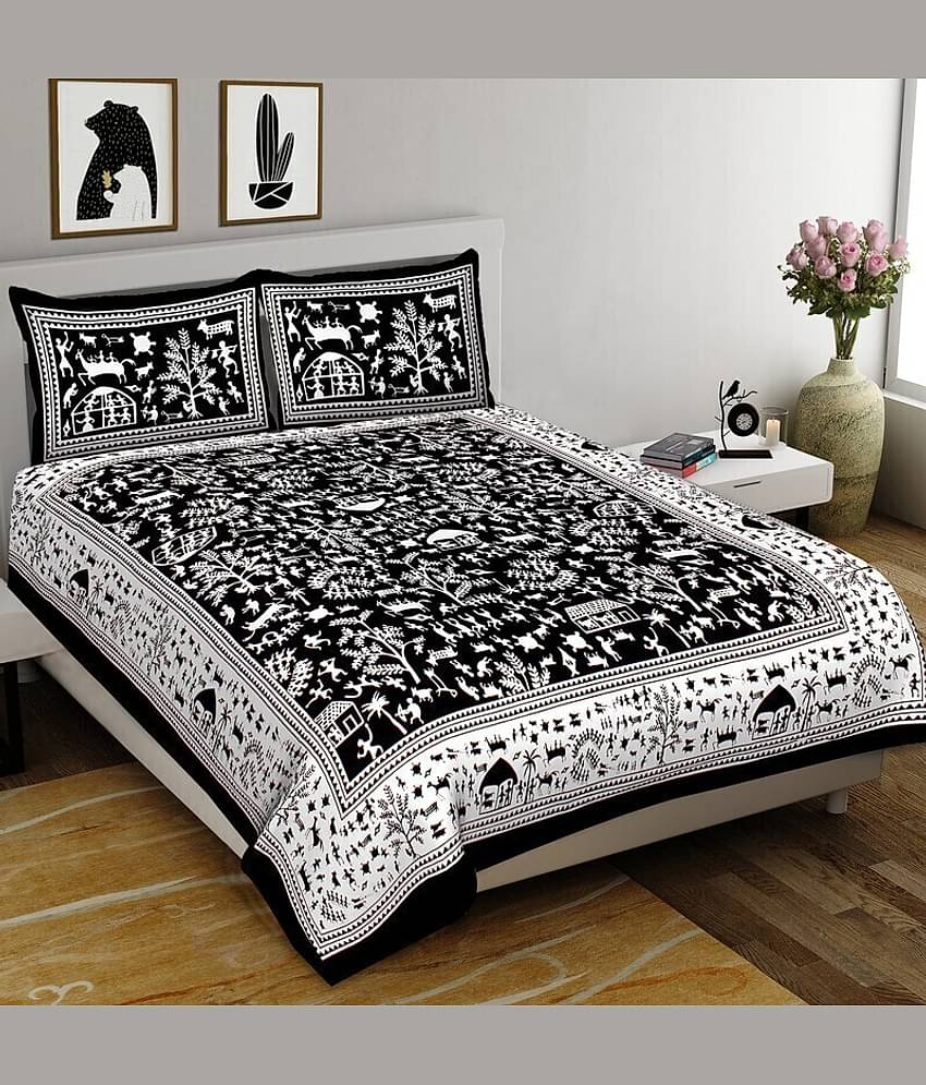 CLOTHORO Cotton 1 Double King Bedsheet with 2 Pillow Covers ( Black )