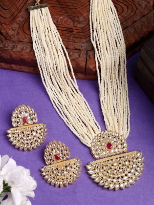 NVR Women's Gold Toned Red Stones & Kundan Studded Jewellery Set-One Size / Red / Alloy