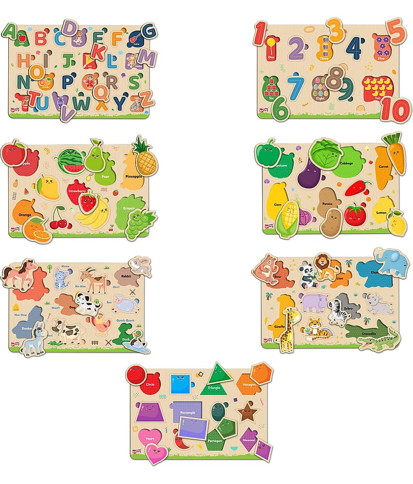 Little Berry Wooden Puzzle Board with Pictures for Kids (All in One Combo of 7): ABCD, Number, Shapes, Fruits, Vegetables, Animals - Knob & Peg Puzzles Games for Boys, Girls, Preschool Children - Learning & Education Wooden Toy Jigsaw Puzzle Set