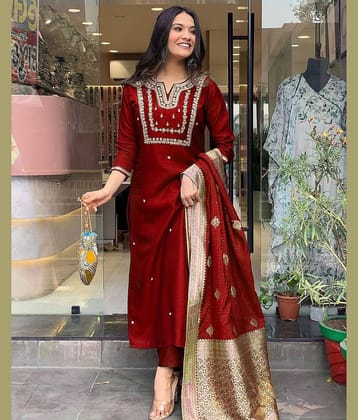 OMICRON FAB Chanderi Embroidered Kurti With Pants Women's Stitched Salwar Suit - Maroon ( Pack of 1 )