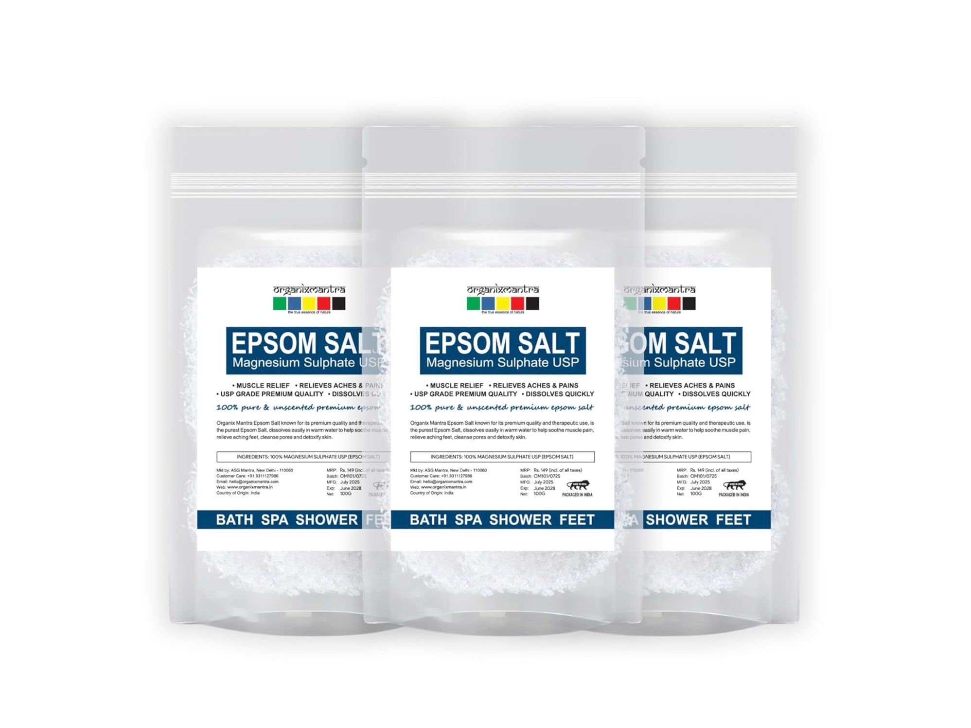 Organix Mantra Epsom Bath Salt Crystal and Bath | For refreshing bath soak, relieves aches & pain - 100G x 3 (300G)