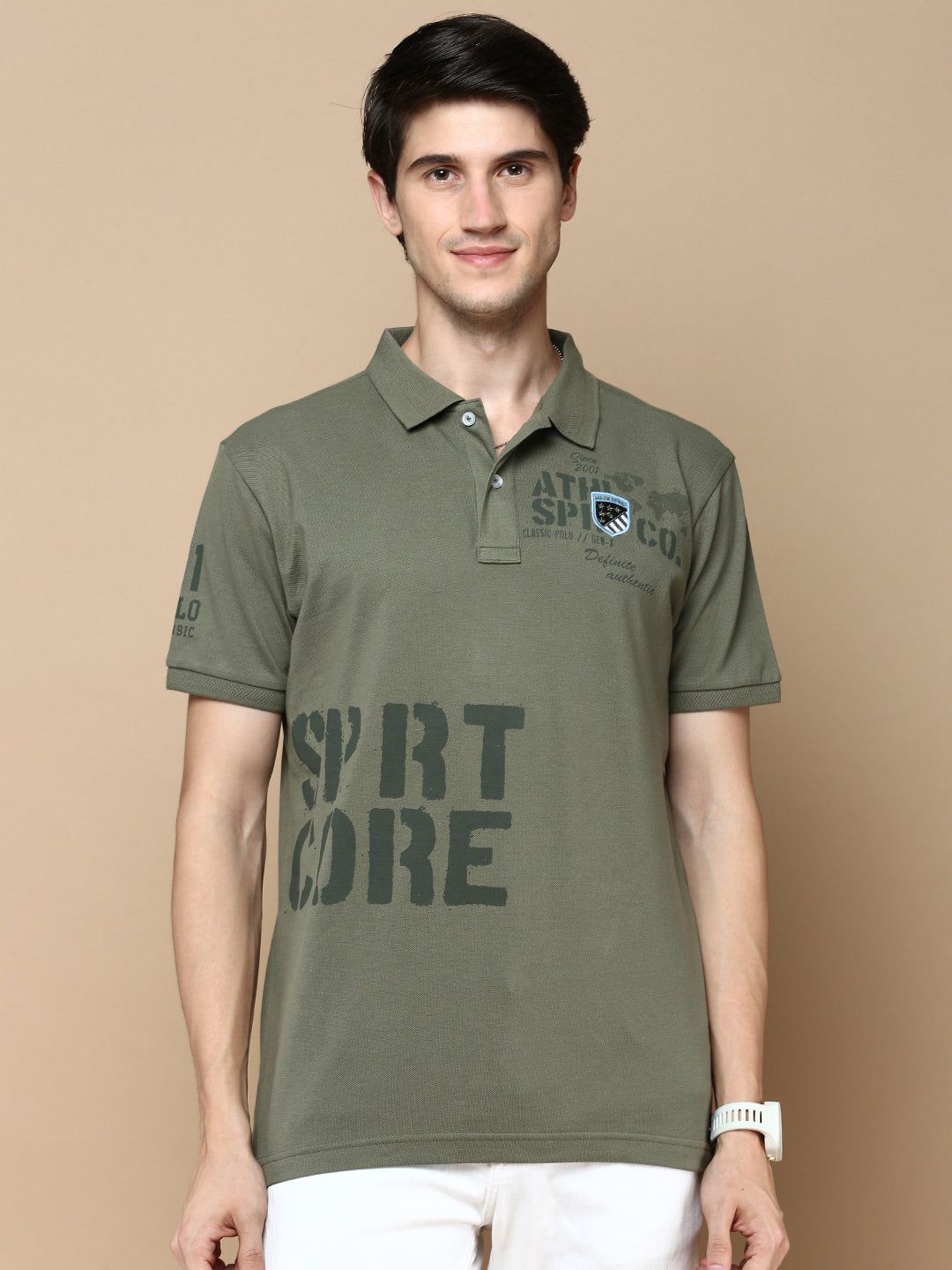 Classic Polo Men's Half Sleeve Olive Polo Neck Slim Fit Printed T-Shirt | GENX-POLO 26 B SF P