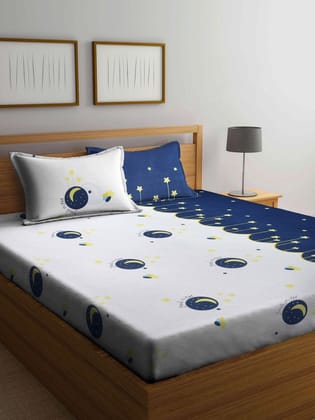 Kids Blue Cartoon Print 300 TC King Size Fitted Bedsheet & 2 Pillow Covers