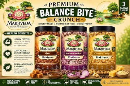 MAKHVEDA - Superfood Balance Bite Crunch Combo Makhana Roasted Fox Nuts Popped Lotus Seeds Healthy Snack Low Calorie High Protein Gluten Free Crunchy and Delicious Flavours Gud Cream and Onion Cheese MAKHVEDA - Superfood Balance Bite Crunch Combo Makhana Roasted Fox Nuts Popped Lotus Seeds Healthy Snack Low Calorie High Protein Gluten Free Crunchy and Delicious Flavours Gud Cream and Onion Cheese