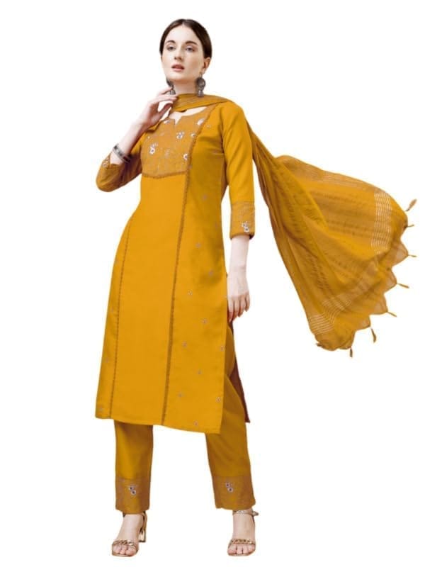Women's Casual 3-4 th Sleeve Embroidery Cotton Kurti Pant Dupatta Set (Yellow, S)-PID50295