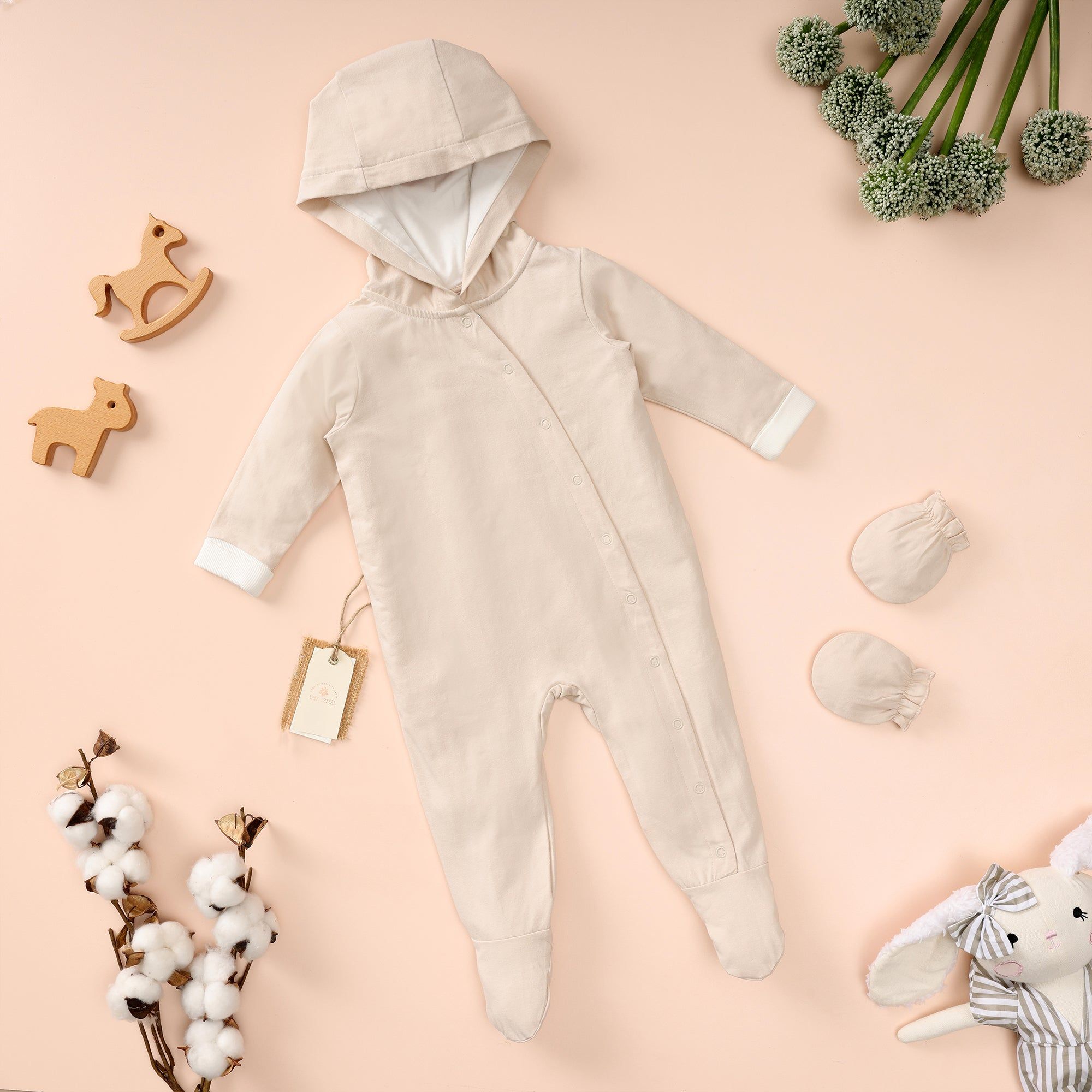Poshaak Hoodie romper set-Bleached Sand / 3-6 months with Mittens