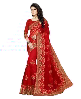 Generic Women's Net Saree With Blouse (Red, 5-6 Mtr)