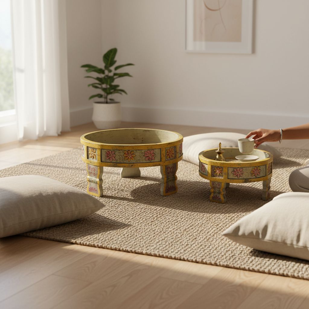 BAANMATA INTERNATIONAL Handicraft Blue-Background Chakki Table,Painted Wooden Grinder Table,Home Decors Lampholder-Table,Showpiece Coffee Table Cum Cocktail Table in Set of 2