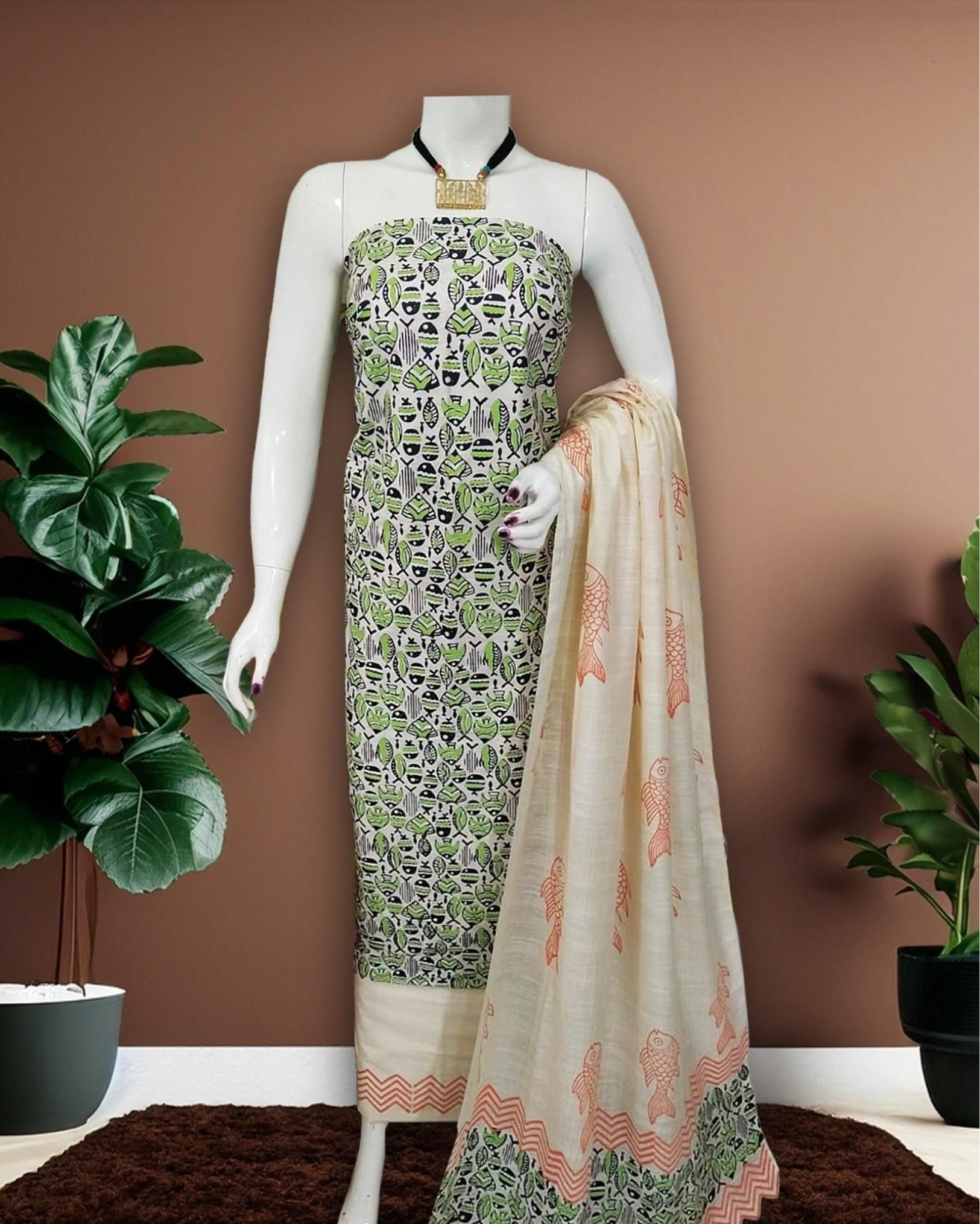 Katan Silk Enigmatic Blockprint Green Suit