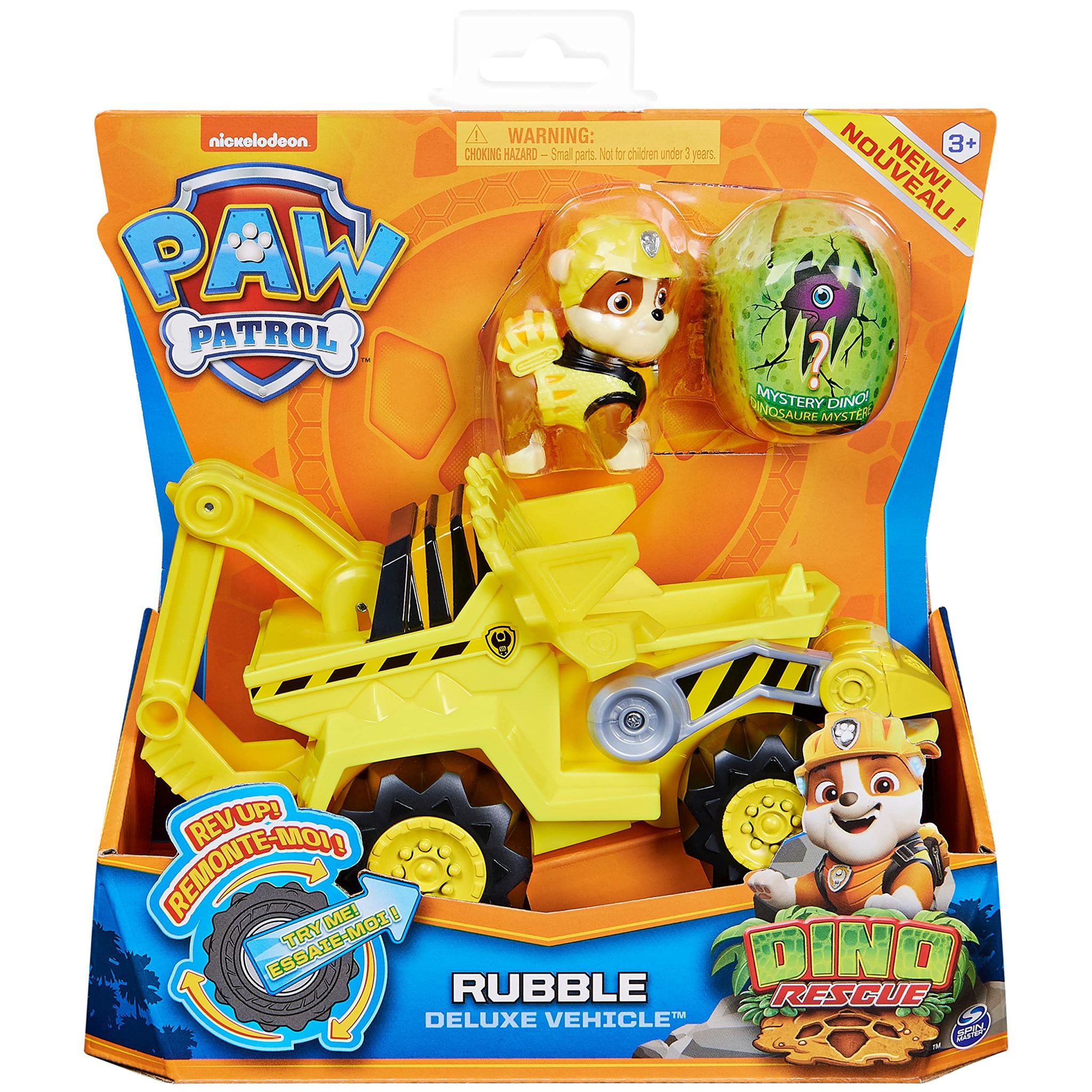 Paw Patrol Dino Rescue Rubbles Deluxe Rev Up Vehicle with Mystery Dinosaur Figure, for Kids Aged 3 and above