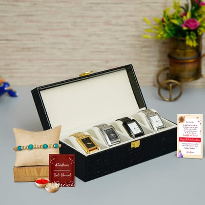 Designer Pearl Rakhi with Premium Rexine Watch Organizer Box with 4 Cushions and Roli Chawal Pack, Best Wishes Greeting Card