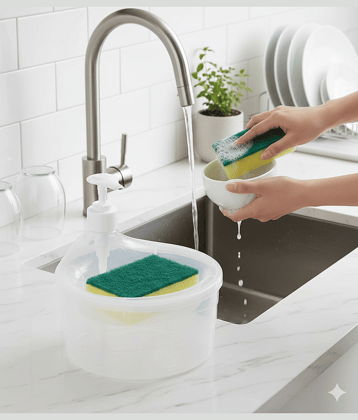 SARVASHVA TRENDS Double Layer Liquid Soap Dispenser, Kitchen Dish Washing Liquid Dispenser, Dishwash Liquid Pump, Dishwash Cleaner, Dish Soap Dispenser with Sponge Holder, Manual Press Soap Pump and Sponge Tray, Refillable Dishwashing Liquid Dispenser