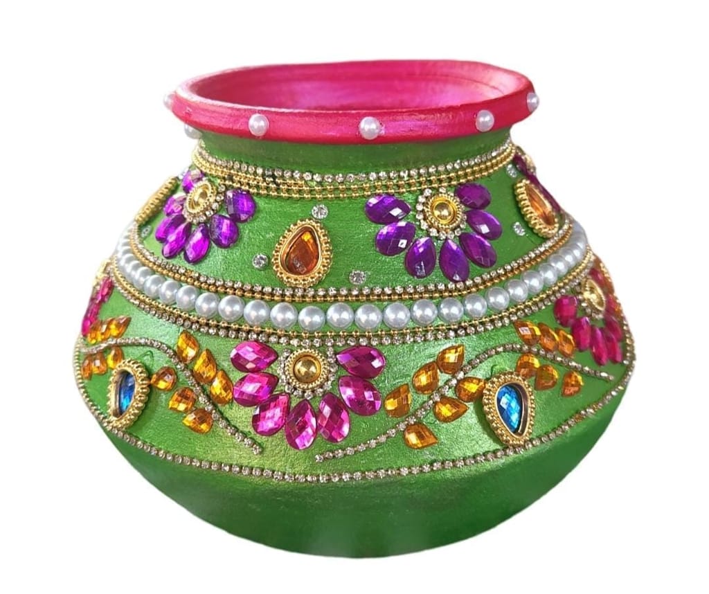 Green Matka with Kundan and Pearl Work for Diwali Decoration