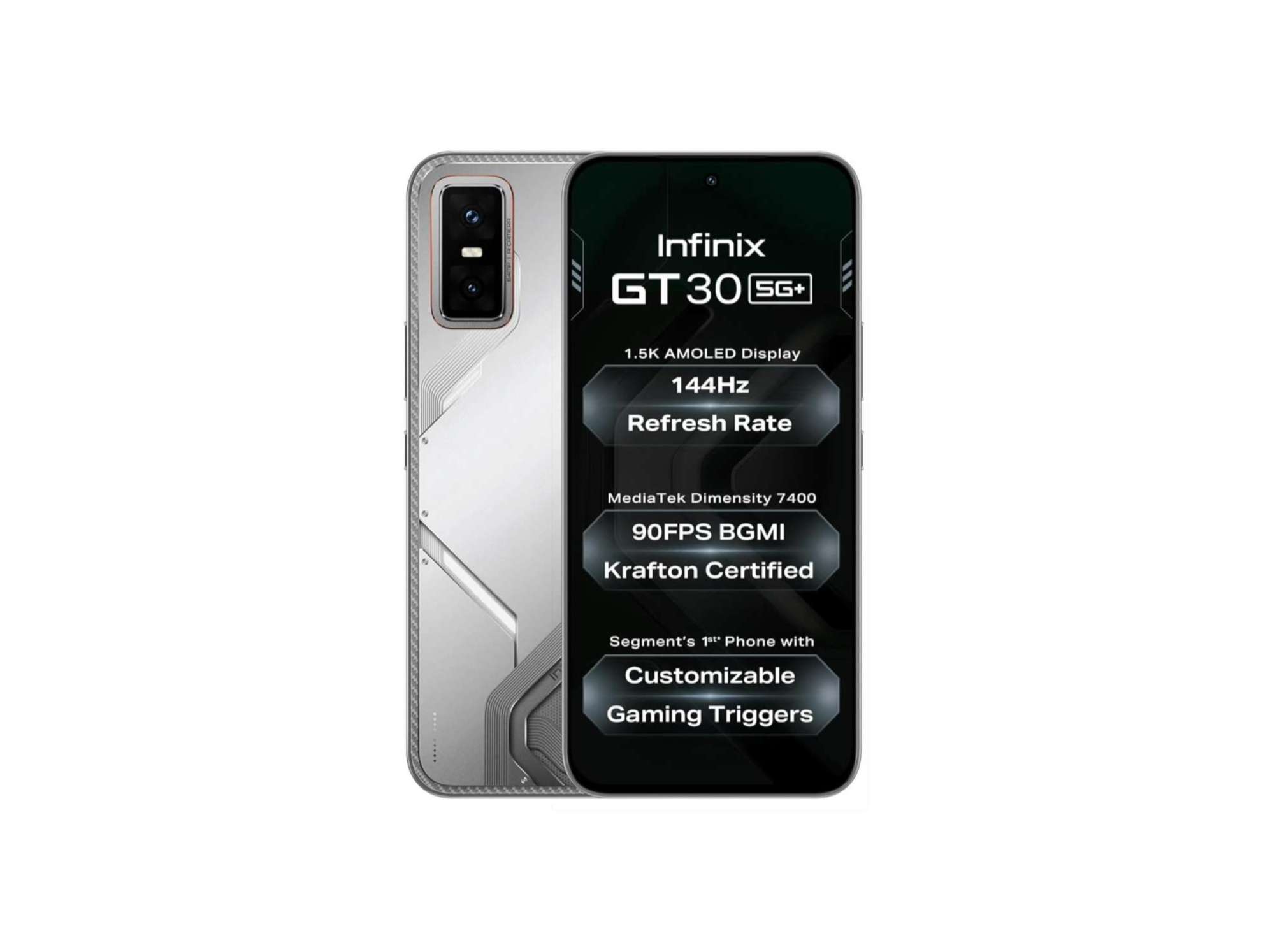 Infinix GT 30 5G Smartphone (8GB RAM, 256GB Storage), Cyber Mecha Design with LED Lights, 1.5K 144Hz AMOLED Display, 64MP Camera - Blade White