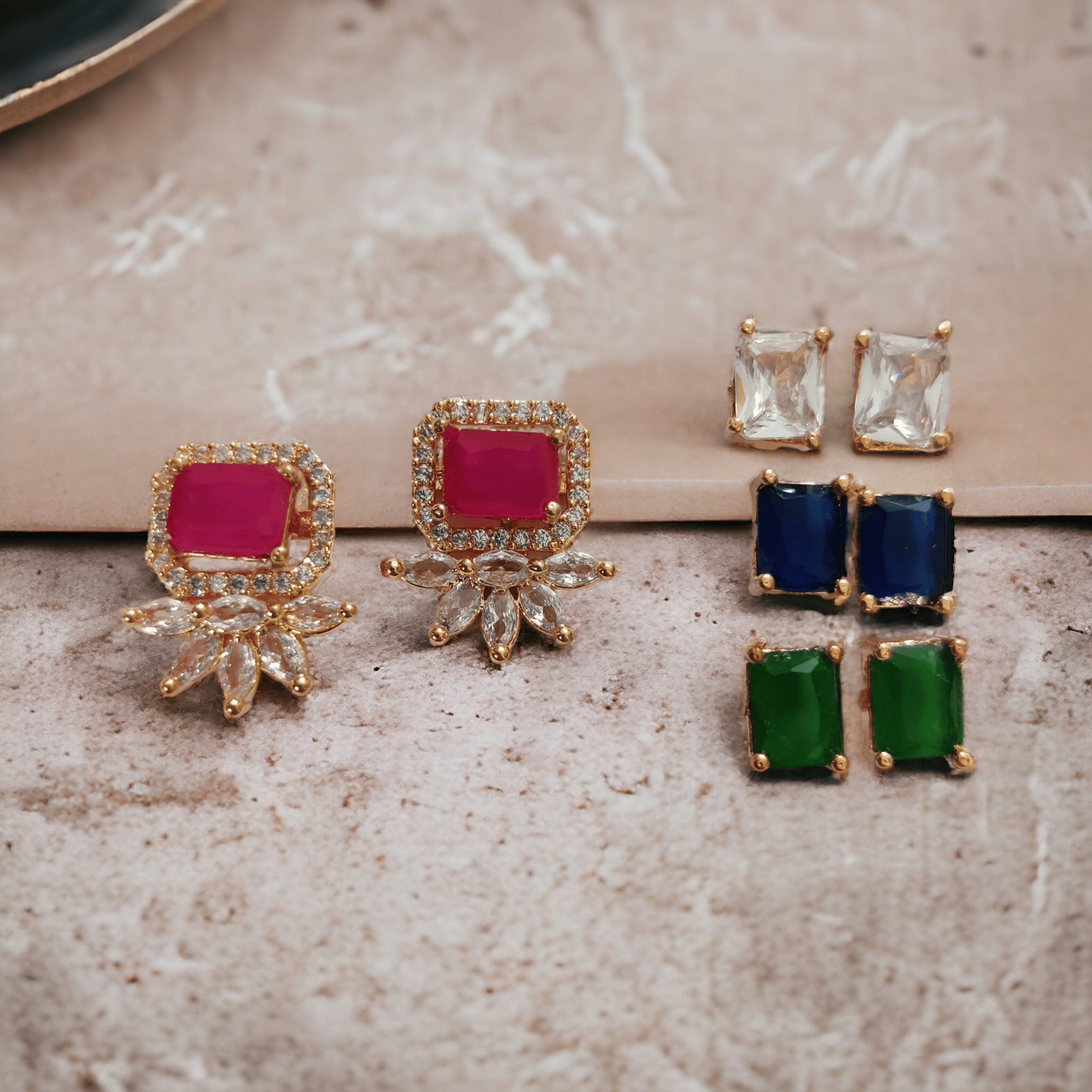 4 Color Changeable Rose Gold Square Studs-Multicolor / Rose Gold / Free Size
