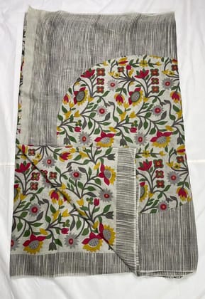 Madhubani Print Cotton Saree Gray Multicolour Floral