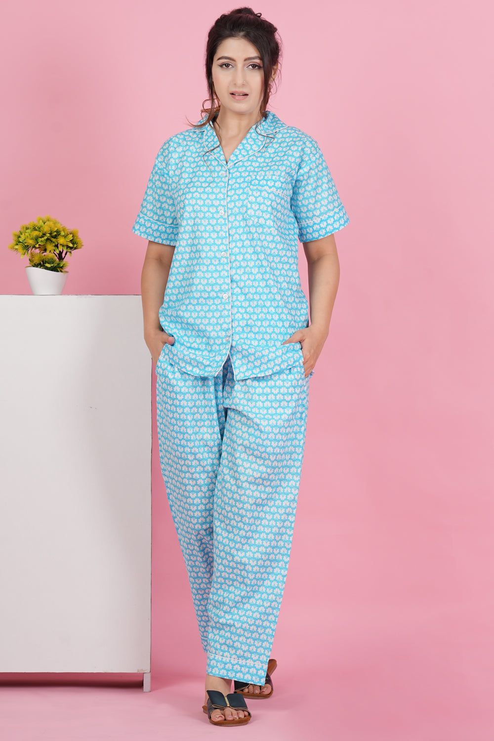 Floral Essence: Blue White Flower Print Half Sleeve Pyjama Set-S / Sky Blue / 100% Cotton