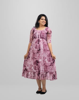 Multi Shade Purple Soft Net Dress with Designer Sleeves - Half Sleeve Multi Shade Purple Soft Net Dress with Designer Sleeves - Half Sleeve