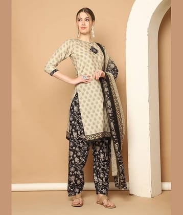 wonder weave Women Cotton Blend Printed Straight Kurti With Patiala Salwar ( Beige )