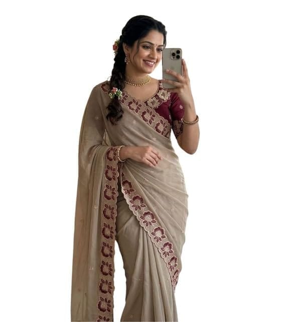 Women's Star Georgette Embroidered Saree With Unstitched Blouse 5.5Mtr (Beige)-PID67211