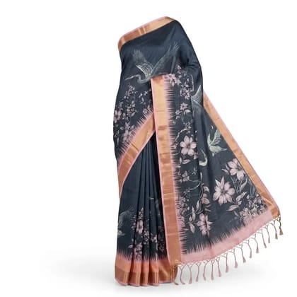 Sambalpuri Midnight Blue Crane Bloom Handloom Saree