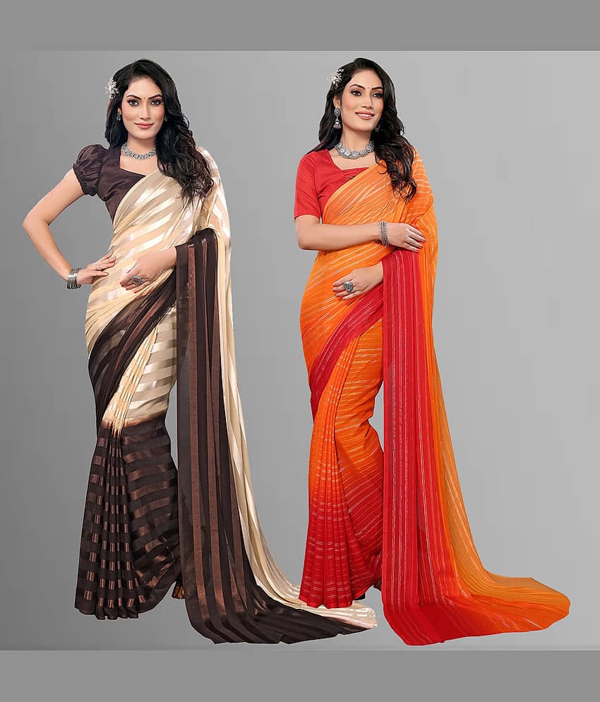 ANAND SAREES Satin Striped Saree With Unstitched Blouse Piece ( Multicolor )
