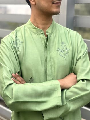 Sage Green Embroidered Silk Kurta-XXS / Sage Green