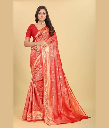 NENCY FASHION Banarasi Silk Embroidered Saree With Unstitched Blouse Piece ( Red )