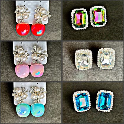 Combo Pack of 6 Premium Stud Earrings for Women & Girls | Crystal Stone & Pearl Design | Multicolor Party & Daily Wear Jewellery