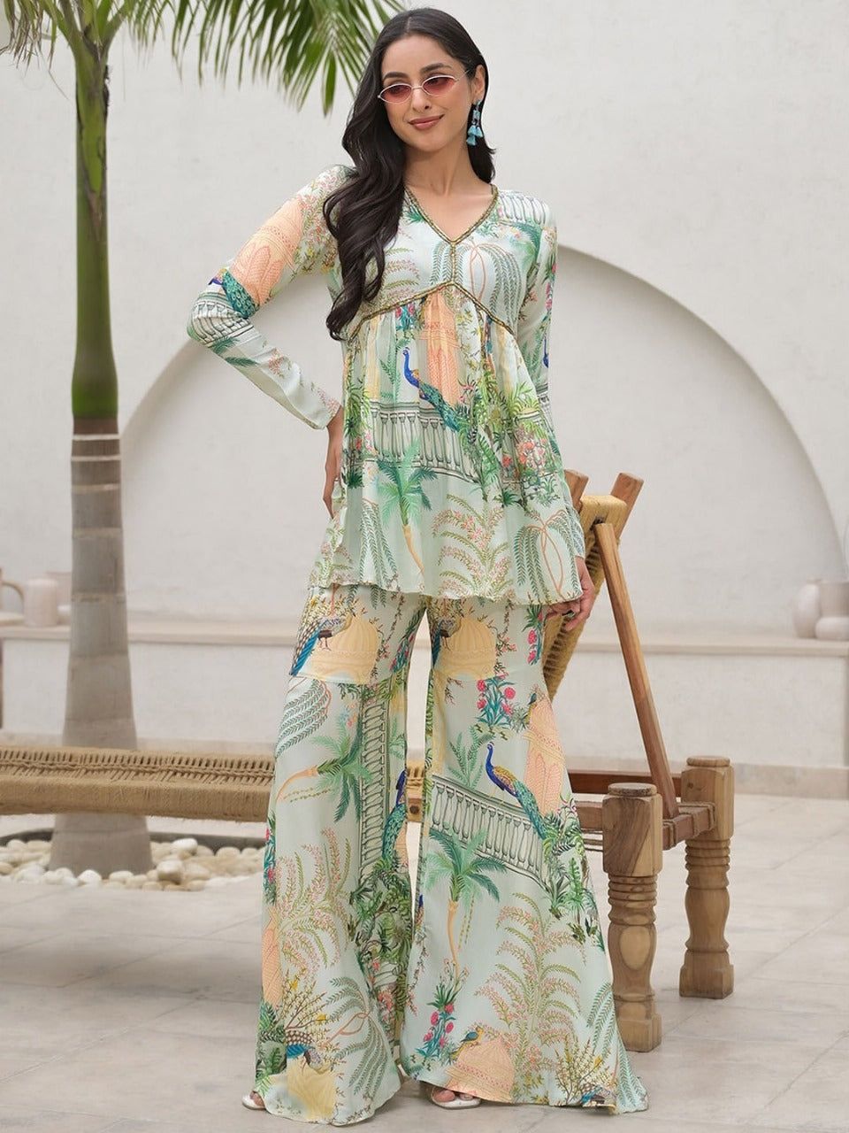 A line Top and Palazzo Muslin Set-XS