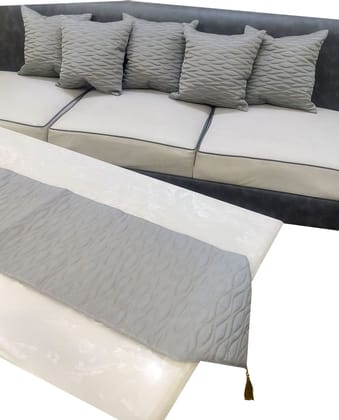 GOODVIBES Grey Woven 5 Square Quilted Cushion Cover and 1 Table Runner Combo Luxury Modern Pillow Cover for Sofa Living Room Bedroom |16X16 Inch I12 X 59 Inch Table Runner