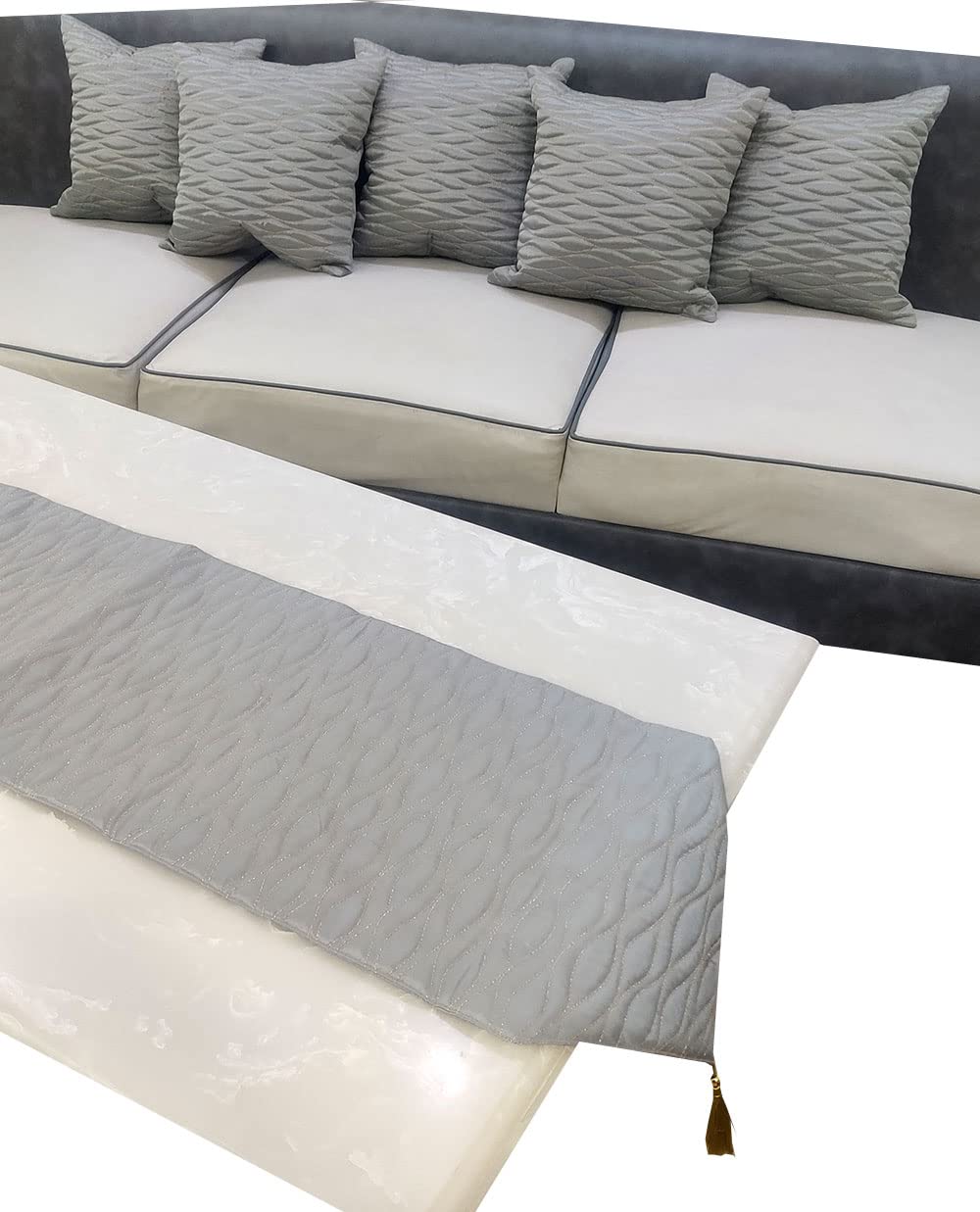 GOODVIBES Grey Woven 5 Square Quilted Cushion Cover and 1 Table Runner Combo Luxury Modern Pillow Cover for Sofa Living Room Bedroom |16X16 Inch I12 X 59 Inch Table Runner