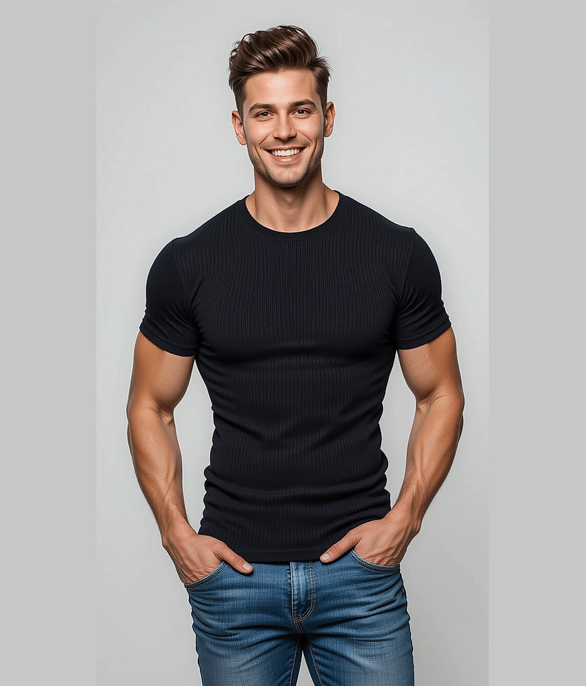 fashion and youth Men Cotton Blend Regular Fit Solid T-Shirt ( Black )