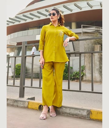 VIBE VISION Women Self Design Shirt With Trousers Co-Ord Set ( Mustard )