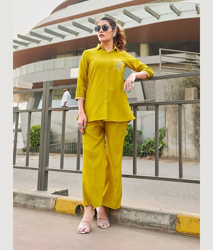 VIBE VISION Women Self Design Shirt With Trousers Co-Ord Set ( Mustard )