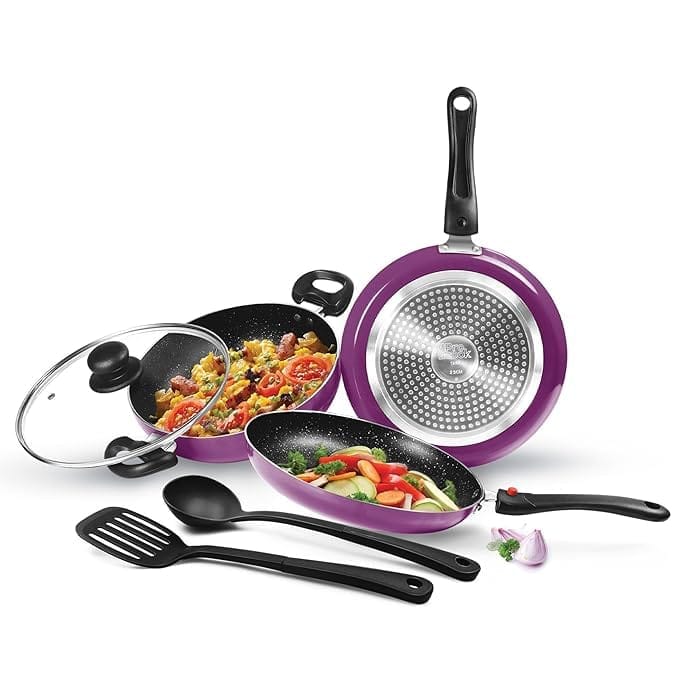 Cook Kitchen Jewel Set of 5 Non Stick Cookware | Induction and Gas Stove Friendly I Cooking Pan, Kadhai with Lid, Tawa I Dark Purple_assorted colour