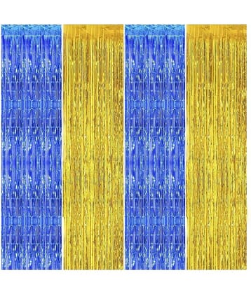 Kiran Enterprises 4 pc. Foil Fringe Curtain ( Blue , Gold )