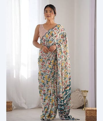 BLEESBURY Georgette Printed Saree Without Blouse Piece ( White )