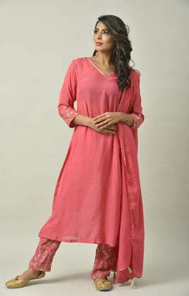Rose Pink Naksi Hand Embroidery Kurta Set-S