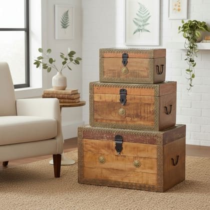 Wooden Trunk Box Storage Set of 3-Central Coffee Table Wooden Trunk Box Storage Set of 3-Central Coffee Table