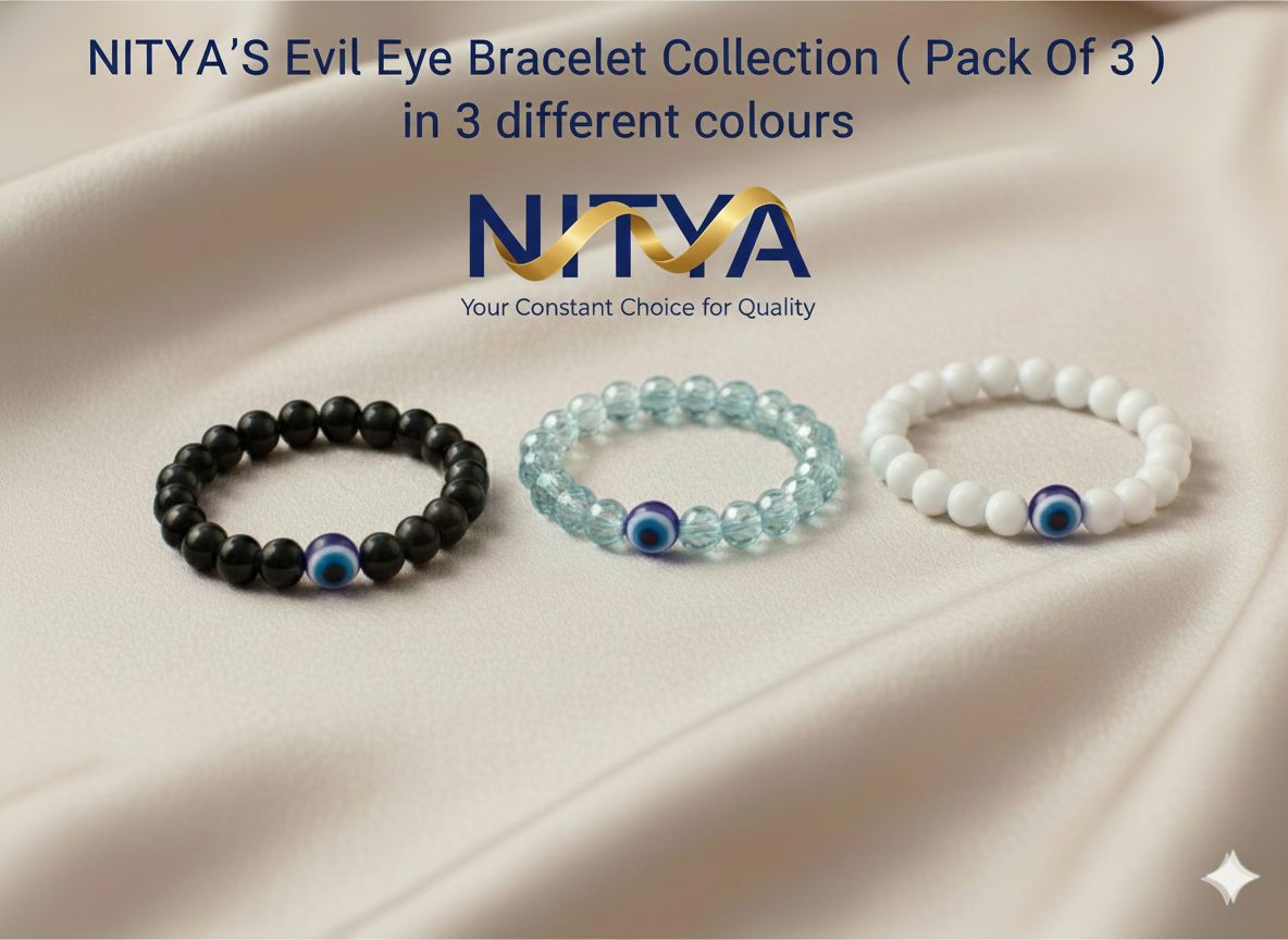 NITYAS Original Evil Eye Bracelet Collection - Pack of 3 Authentic Gemstone Protection Bracelets for Men & Women (Black, Light Blue, White) |9 units