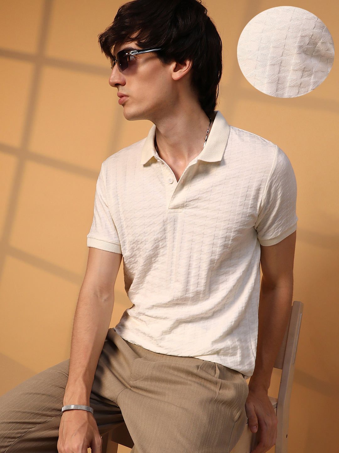 Houndstooth-Textured Polo T-Shirt-S
