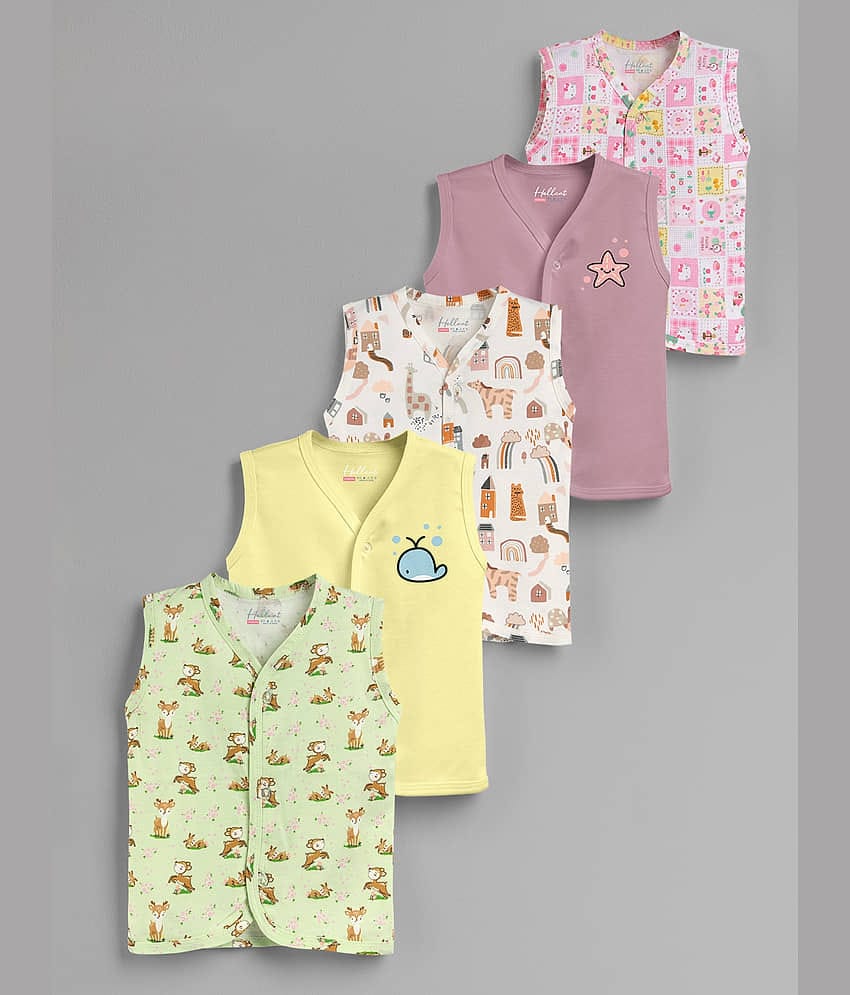 HELLCAT 100% Cotton Front Open Jhabla Vest & T Shirt for Babies - Pack of 1 (Unisex, 0-18 Months, Sleeveless)_Green_Yellow_Brown_Brown_Pink_0-6 Months