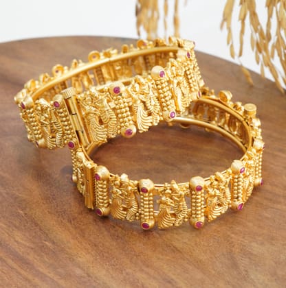 Radha Krishna Brass Openable 22KT Gold Plated Matte Finish Temple Kada-2.4