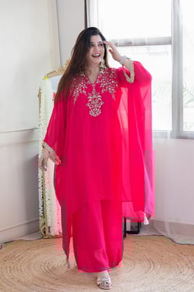 Aabidah Hot Pink Embroidered Cord Set-XXL