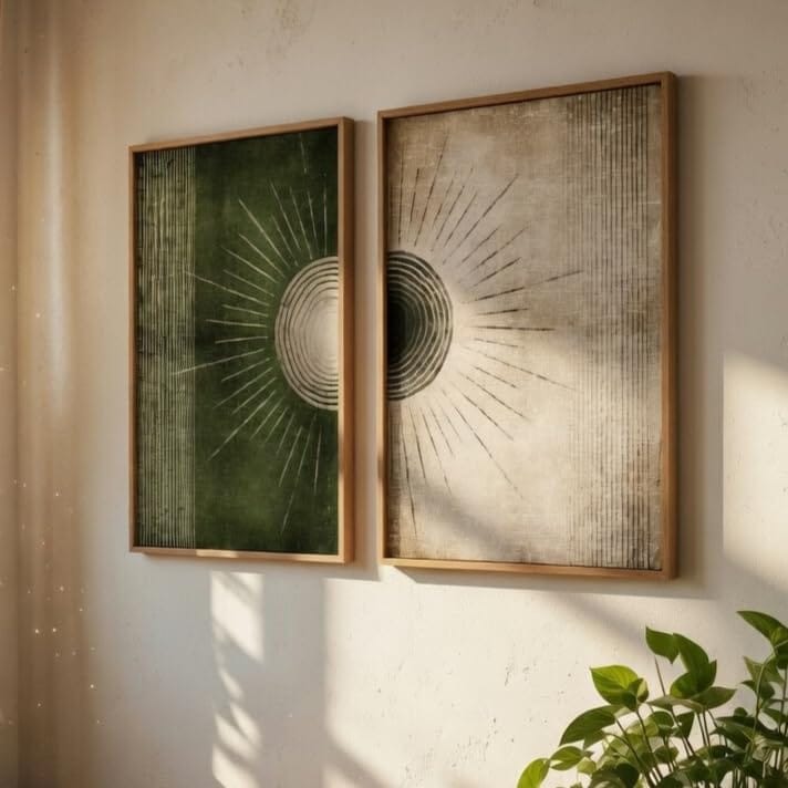 Wall Painting Set of 2 with Wooden Frames | Minimalist Geometric Line Art HD Sparkle Laminated MDF Wall Decor |