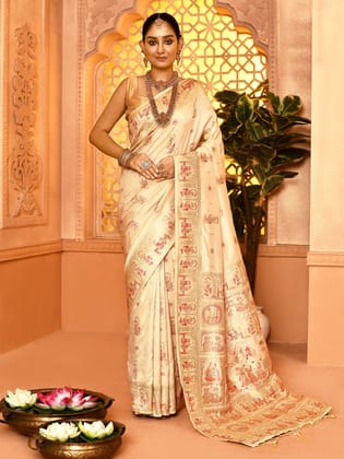Cream Pure Soft Silk Baluchari Weaving Saree