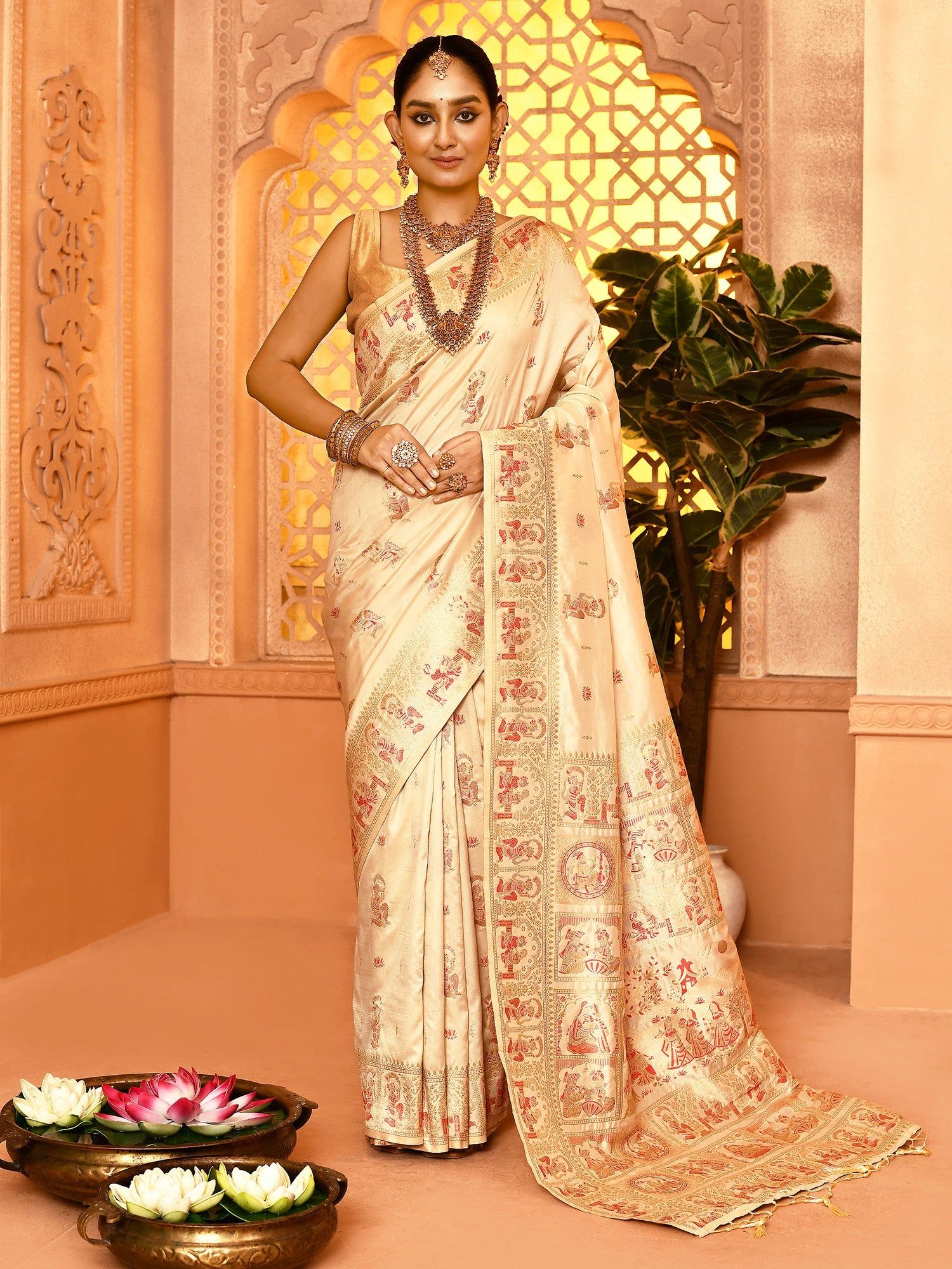 Cream Pure Soft Silk Baluchari Weaving Saree
